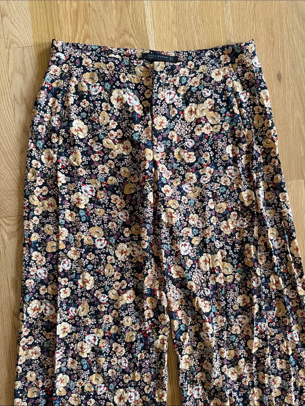 Zara Black Floral Wide Leg Pants with Cream & Gold Blooms